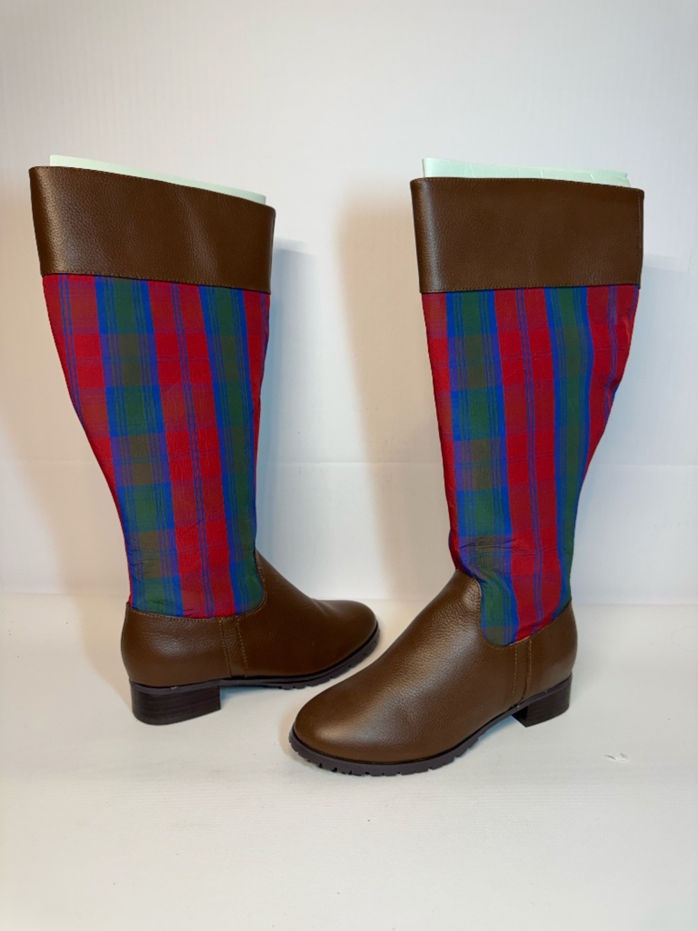 Jeffrey Banks Brown Leather Plaid Knee High Riding Boots Size 6.5M